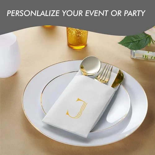 Miniatura 2 de Paquete de 50 servilletas con monograma con bolsillo para cubiertos, 16 x 16 pulgadas, servilletas desechables de lino con letra B, servilletas