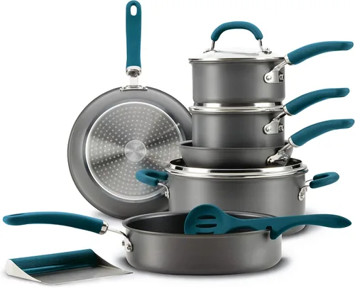 Miniatura 10 de Rachael Ray Create Delicious - Juego de ollas y sartenes antiadherentes anodizadas duras, 11 piezas, color gris con asas verde azulado