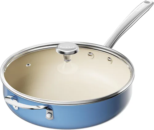 Redchef Sartén Salteadora de Cerámica con Tapa, Sartén Profunda Antiadherente para Freír, Olla Jumbo de 5 Cuartos con Mango Auxiliar y Tapa, Sartén