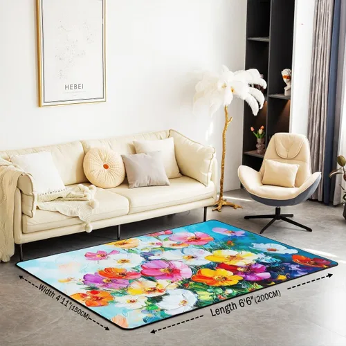 Miniatura 2 de Alfombra retro floral bohemia para sala de estar, alfombra de área de 5 x 7 pies para niños, pintura al óleo y flores, alfombra decorativa