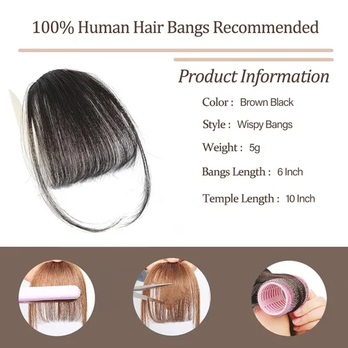 Miniatura 2 de YBYMCAI Flequillo con clip - Flequillo de pelo humano real, flequillo marrón negro, flequillo falso, flequillo de pelo humano, flequillo tenue