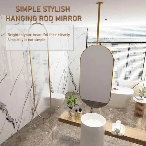 Miniatura 3 de Espejo ovalado para colgar en el techo, espejo de pared flotante para baño, espejo montado en el techo con marco de metal negro y pluma - dorado