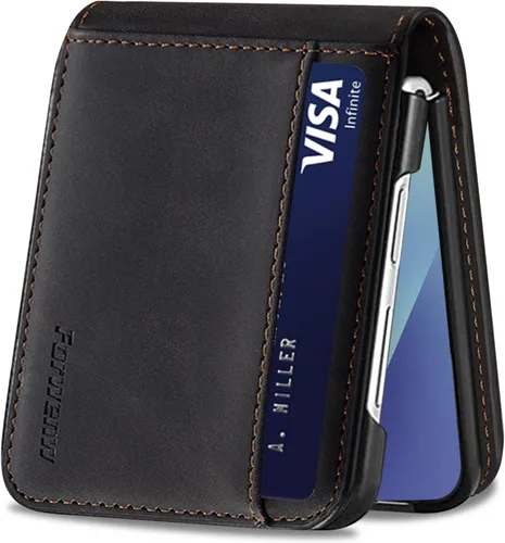 Miniatura 45 de Funda de piel con tapa para Samsung Galaxy Z Flip 3, con protección de bisagra, delgada y magnética tipo cartera [1 tarjetero], funda protectora a