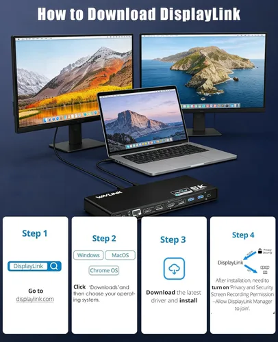 Miniatura 8 de WAVLINK Estación de acoplamiento universal Pro Dual 4K a 60Hz Base USB 3.0/USB-C para laptop Mac (M1-M5, Neo) y Windows 2 HDMI/DP, Gigabit