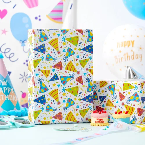 Miniatura 4 de Hojas de papel de regalo de cumpleaños, paquete de 8 envolturas de regalo para regalos de cumpleaños infantiles, 4 diseños coloridos con feliz