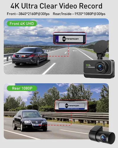 Miniatura 2 de Cámara de salpicadero delantera y trasera, cámara doble WiFi 4K+1080P para automóviles con aplicación, grabadora de salpicadero de 3" IPS, visión