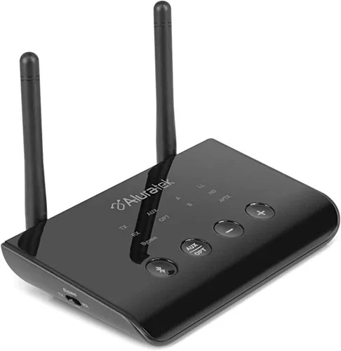 Aluratek Receptor y transmisor de audio Bluetooth con baja latencia, antena dual, soporte de hasta 100 pies de alcance inalámbrico desde TV a