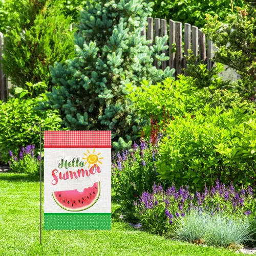 Miniatura 3 de Bandera de jardín de verano de 12 x 18 pulgadas, bandera de jardín de sandía de doble cara, bandera de arpillera a cuadros, banderas de verano