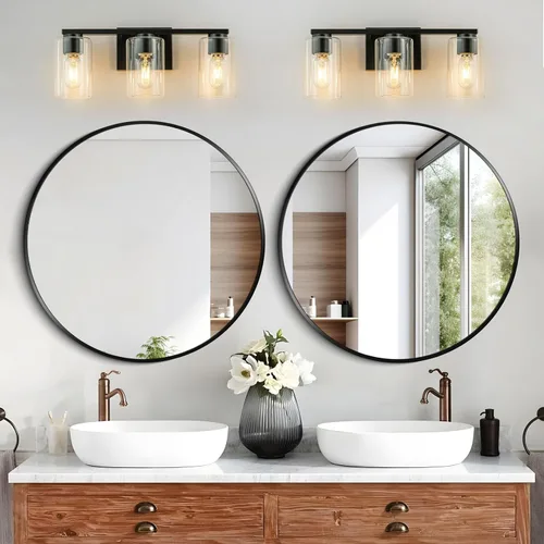 Miniatura 5 de WILON Lámpara de tocador de baño, 3 luces de tocador modernas de color negro claro con apliques de pared de vidrio transparente con vidrio