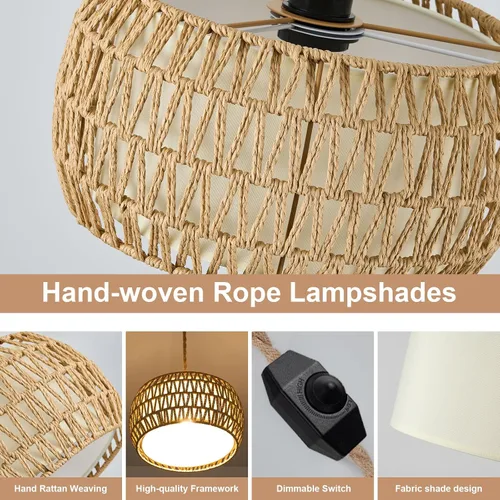 Miniatura 6 de Lámpara colgante de ratán bohemio de 12 pulgadas, lámpara de araña de mimbre rústica tejida a mano con cable para comedor, cocina, dormitorio