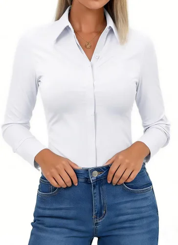 Aoudery Button Down Shirts for Women Slim Fit Long Sleeve Stretch Dress Shirts Work Shirt Wrinkle Free
