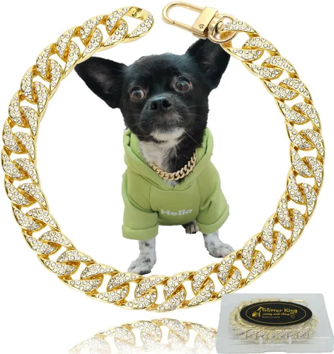 Collar de perro dorado con circonita cúbica de 0.551 in, cadena de eslabones cubanos hecha a mano con diamantes exagerados, juego completo de puntas