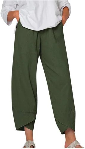 Miniatura 8 de Pantalones Capri de Lino de Algodón para Mujer 2025, Pantalones Palazzo Recortados Casuales con Estampado, Cintura Elástica, Pantalones Holgados
