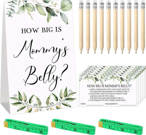 Miniatura 14 de Sabary 64 Piezas Juegos de Baby Shower Incluyen Letrero How Big is Mommy's Belly Sign Measure Bump Game 50 Tarjetas 10 Lápices 3 Cintas Métricas
