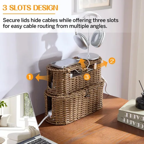 Miniatura 6 de FairyHaus Caja organizadora de cables, 2 unidades, color marrón, tejida a mano, grande y pequeña, para ocultar cables y regleta de alimentación