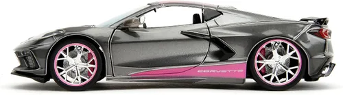 Miniatura 3 de Jada Pink Slips 1:24 W2 2020 Chevy Corvette Stingray - Auto fundido a presión con base, juguetes para niños y adultos (gris metálico/rosa)