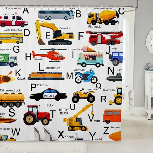 Miniatura 12 de Cortina de baño de tren de dibujos animados, cortina de ducha de tren rojo y azul para niños, juego de cortina de ducha para vehículos para niños