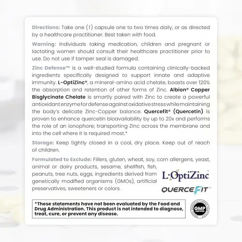 Miniatura 4 de Zinc Defense Zinc + Cobre + Quercetina 60 porciones en cápsulas veganas L-OptiZinc y Quercefit ionóforo Minerales quelados Apoyo al
