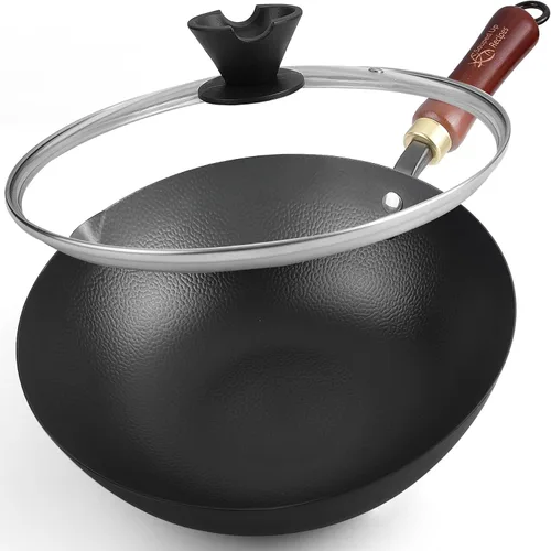 Souped Up Recipes Wok de acero al carbono de 10 pulgadas para estufas eléctricas, de inducción y de gas (tapa y video de guía de usuario incluido)