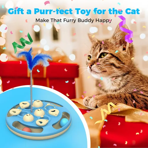 Miniatura 7 de Comedero de rompecabezas 3 en 1 para gatos, juguete interactivo de nivel 3 con bolas de pista, teaser de plumas e inserto de alimentador lento, base