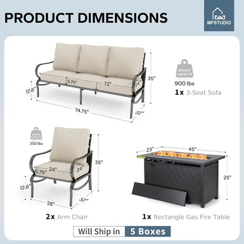 Miniatura 2 de MFSTUDIO Juego de 4 piezas de conversación para patio, marco de metal para todo tipo de clima, muebles de exterior con 1 mesa rectangular de propano