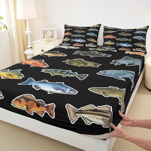 Miniatura 4 de Erosebridal Fishing Fitted Sheet Twin for Boys, Big Pike Fish Black Bed Sheets for Rustic Farmhouse Lake House Decor, Fishing Bedding Set Marine