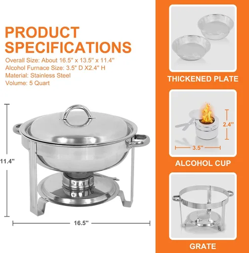 Miniatura 3 de Super Deal - Plato redondo de acero inoxidable de 5 cuartos de galón, para catering, cena y bufé, Plateado