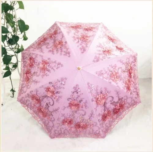 Miniatura 9 de Honeystore Sombrilla bordada con flor 3D plegable UV con encaje clásico