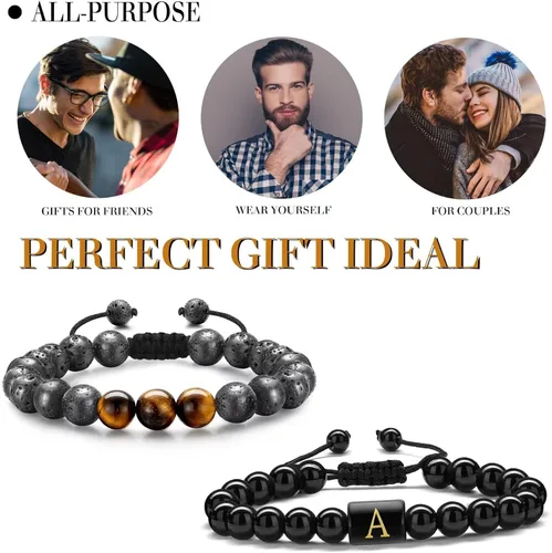 Miniatura 6 de STORUP Pulseras de cuentas con iniciales para hombre, piedra de lava de ojo de tigre de 0.315in, hechas a mano con letras de obsidiana, pulseras