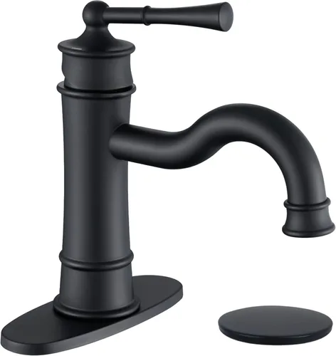 Grifo de baño estilo romano de lavabo negro mate de un solo agujero con montaje en cubierta, drenaje emergente con placa de cubierta y Mate negro