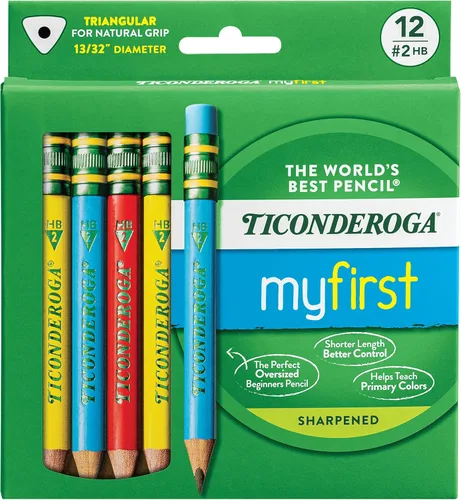 Ticonderoga Mis primeros lápices cortos triangulares con estuche de madera, #2 HB suave, con borradores, colores primarios, 12 unidades