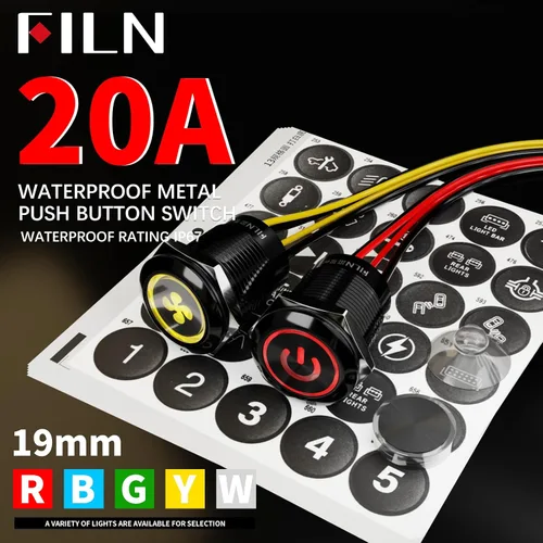 Miniatura 8 de 2-Pack 19mm Botón de presión de cierre LED azul, interruptor de botón marino a prueba de agua IP67 de 12V-24V y voltaje amplio de 20A con 180