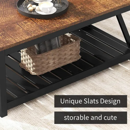 Miniatura 5 de Mesa de café ChooChoo negra, mesa rústica vintage con estante para sala de estar, 40 pulgadas