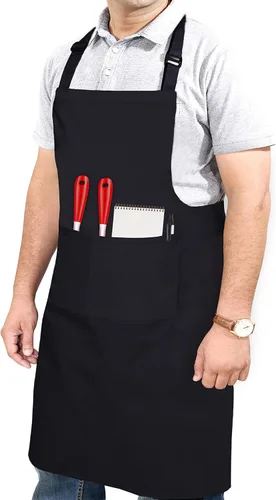 Miniatura 10 de RUVANTI Delantales de trabajo para hombres y mujeres con bolsillos, ajustables hasta XXL, durabilidad de grado profesional, delantal negro