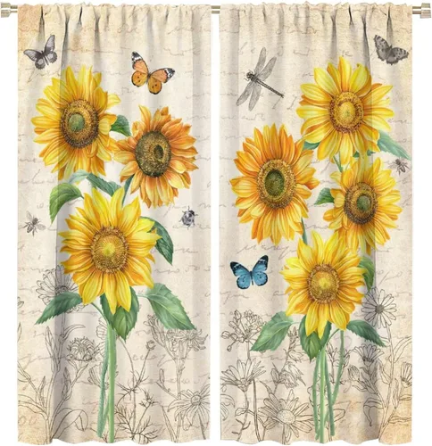 Miniatura 52 de Cortinas opacas con diseño de girasoles para ventana, puesta de sol sobre girasol, para dormitorio, sala de estar, cocina, decoración del hogar, 42