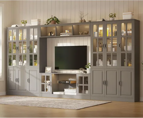Miniatura 16 de MEISSALIVVE Mueble de pared con almacenamiento y luces LED, gran centro de entretenimiento con estanterías para televisores de hasta 70 pulgadas