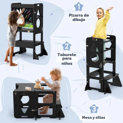 Miniatura 3 de Woodure Taburete de cocina 4 en 1 para niños, torre de pie plegable de aprendizaje con pizarra, taburete de cocina de madera para niños, regalos