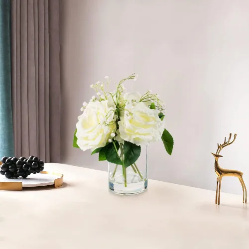 Miniatura 2 de ENOVA FLORAL Flores artificiales de rosa de seda grandes en jarrón, rosas falsas blancas con jarrón y agua sintética para centros de mesa de boda