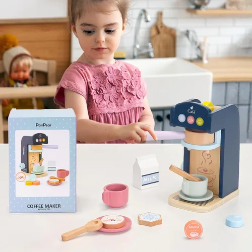 Miniatura 7 de PairPear Juego de simulación de cafetera de madera, máquina de espresso polar de 13 piezas con comida de juguete para niños, juguetes de madera