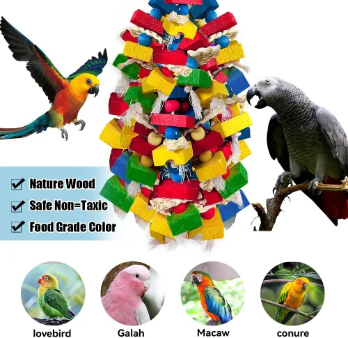 Miniatura 4 de Juguetes de loros para pájaros grandes, bloques de madera multicolor para masticar, jaula de loro, juguete para mordeduras para guacamayos