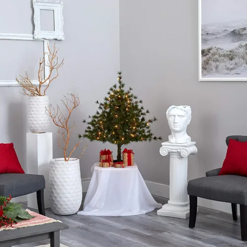 Miniatura 6 de Nearly Natural Árbol de Navidad artificial de pino de montaña de Colorado de 3 pies con 50 luces transparentes, 171 ramas flexibles y piñas de pino