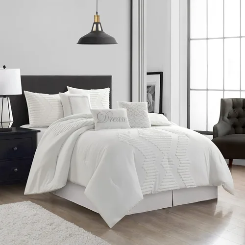 Miniatura 2 de Stratford Park Juego de edredón bordado de 7 piezas, blanco, tamaño Queen, diseño moderno, juego de ropa de cama para todas las estaciones, falda