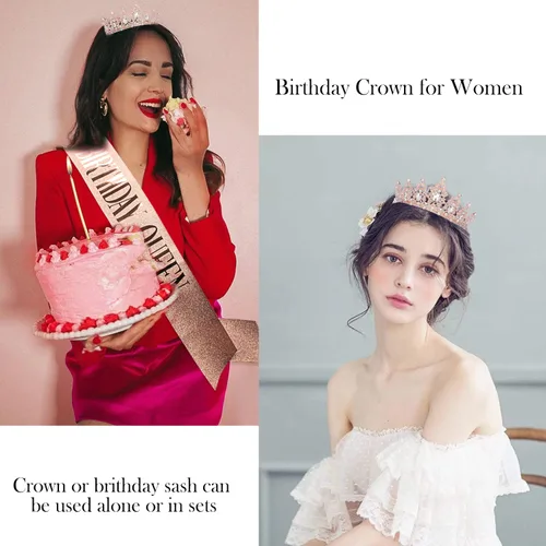 Miniatura 3 de Didder Kit de corona de diamantes de imitación y banda con purpurina, tiara y banda de cumpleaños de oro rosa para mujeres y niñas, accesorios