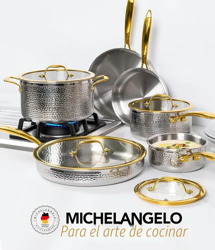 Miniatura 7 de Michelangelo Triply - Juego de ollas y sartenes de acero inoxidable, juego de utensilios de cocina de acero inoxidable martillado de 10 piezas