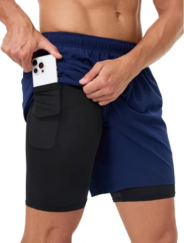 Miniatura 9 de Pantalones cortos deportivos 2 en 1 para hombre, de secado rápido, 5 pulgadas, ligeros, con forro y bolsillos