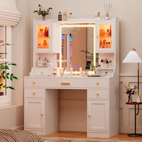 Miniatura 11 de Mesa de tocador con espejo LED y estantes organizadores de maquillaje giratorios 360, tocador de maquillaje blanco con luces y estación de carga