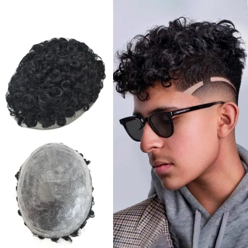 Miniatura 12 de Afro Curl Toupee para hombres unidades de cabello humano real para hombres negros inyectados PU tupé afroamericano para hombre postizo de pelo