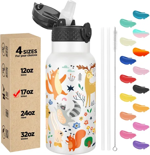 Miniatura 39 de Han's Bottle - Botella de agua para niños con tapa con pajilla - Vaso reutilizable de acero inoxidable aislado para niñas, niños, taza termo, 17