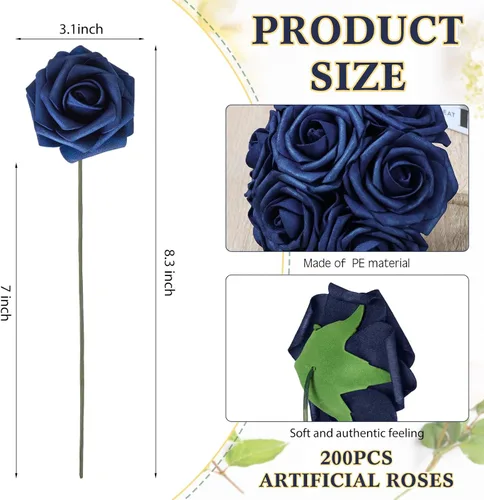 Miniatura 2 de Tigeen Paquete de 200 rosas artificiales azul marino a granel con tallos, rosas artificiales de espuma de aspecto real, flores falsas para ramos