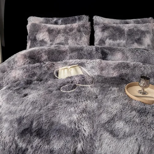 Miniatura 4 de chovy Juego de edredón de pelo sintético teñido anudado negro, gris y blanco, tamaño King, juego de cama de 3 piezas, ultra suave, franela de felpa